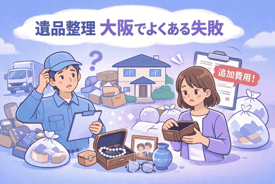 遺品整理で大阪の業者に依頼した際に追加料金や作業内容の違いでトラブルが発生している様子の画像