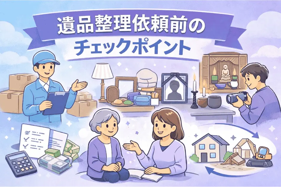 神戸で遺品整理を依頼する前に確認すべき見積もりや追加料金などの重要項目を解説している画像