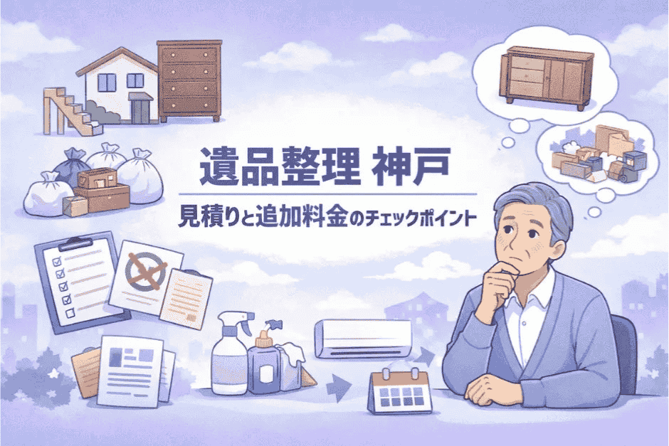 神戸で遺品整理を依頼する際の見積もり内訳や追加料金の注意点を解説している画像