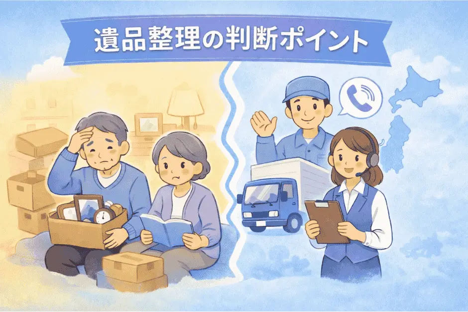 遺品整理を自分で行うか業者に依頼するかを負担や状況に応じて判断している様子の画像