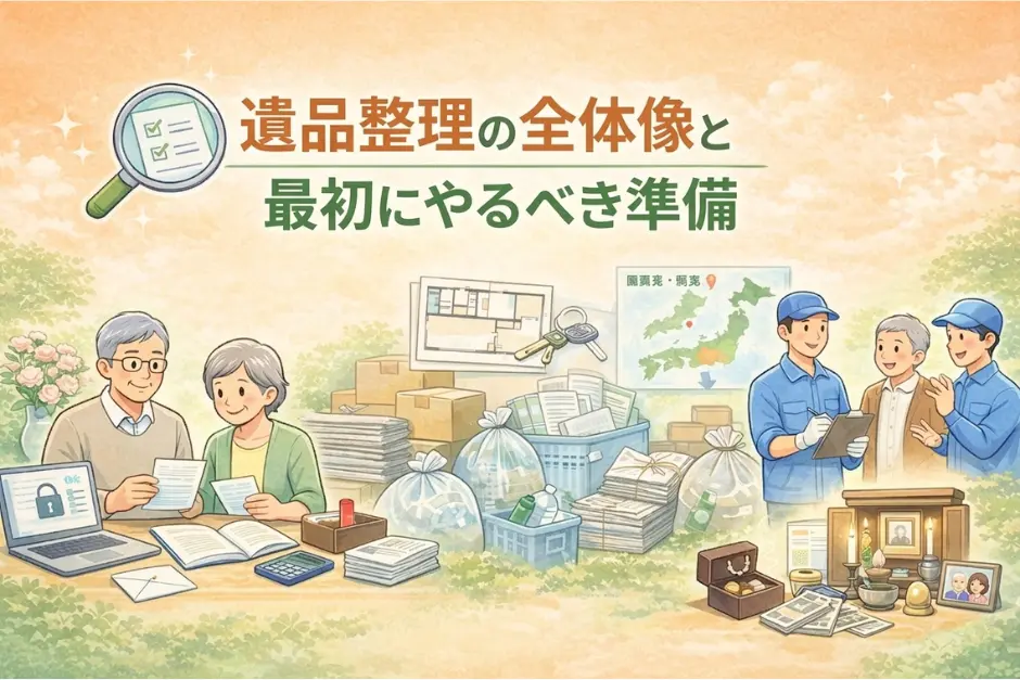 遺品整理の全体像を把握し最初にやるべき準備や貴重品の確認、作業計画を立てている様子の画像
