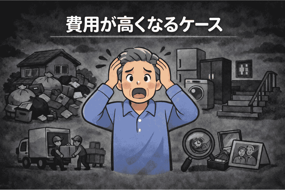 遺品整理の費用が高くなるケースとしてゴミ屋敷状態や大型家具の多さ、搬出環境の違いを具体的に解説している画像