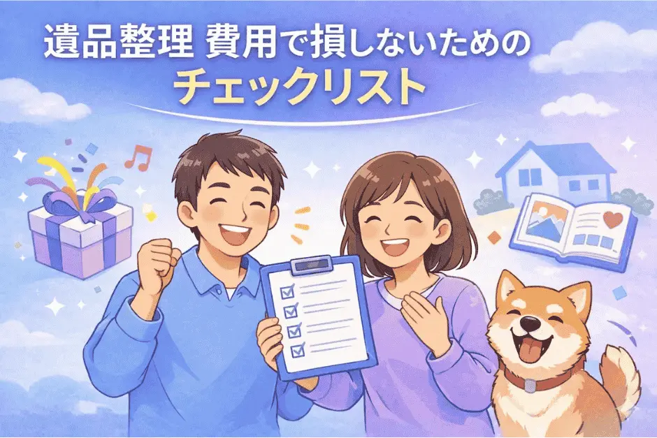 遺品整理の費用で損しないためのチェックリストの内容や活用方法、見積もり前の確認項目を紹介している画像