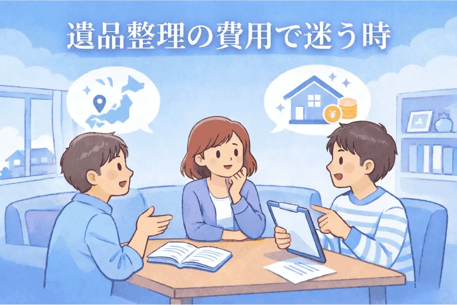 遺品整理の費用で判断に迷った時の考え方として相場の把握や事例比較、注意点を解説している画像