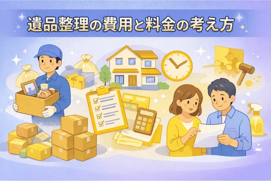 遺品整理の費用や料金が作業人数や時間、荷物量や作業内容によって決まる仕組みを解説している様子の画像