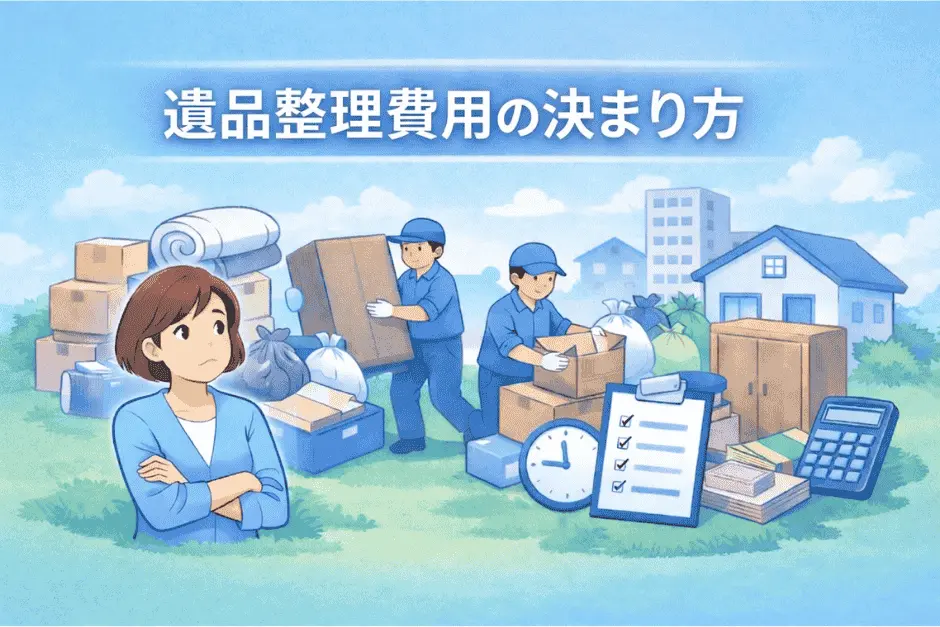 遺品整理の費用の決まり方として部屋の広さや荷物量、作業人数や内容による違いを解説している画像