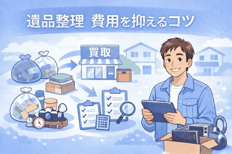遺品整理の費用を抑える考え方として事前の分別や買取の活用、相見積もりの注意点を解説している画像