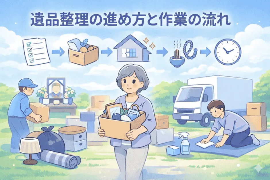 遺品整理の進め方として事前準備から仕分け・搬出・清掃までの作業の流れを整理している様子の画像