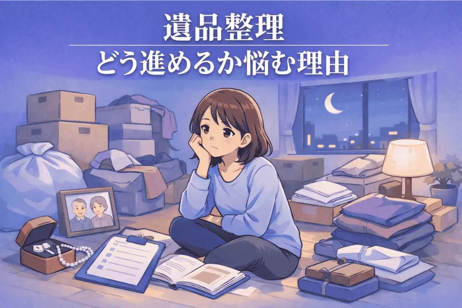 遺品整理を自分で進める際に何から始めるか迷う原因や全体像が分からず手が止まる状況を解説する画像