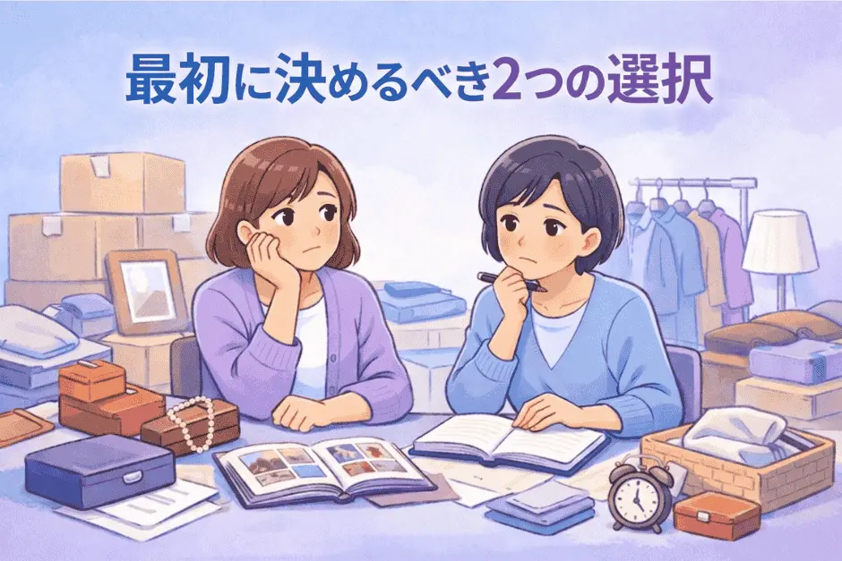 遺品整理を自分で進めるか業者に依頼するかの2つの選択肢を比較し判断基準を解説する画像