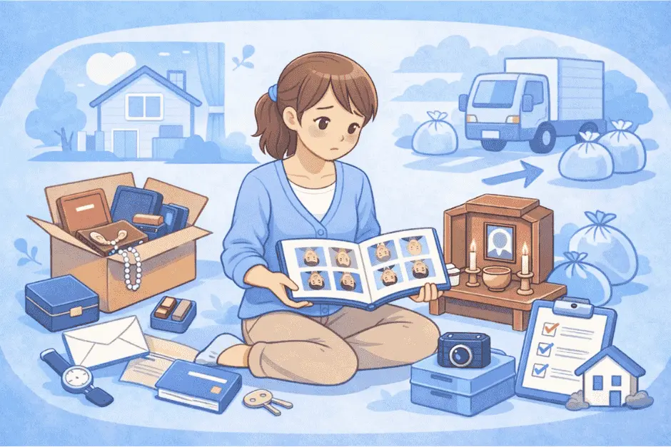 遺品整理の進め方や注意点を理解しながら、感情面と実務の両方を整理している様子の画像