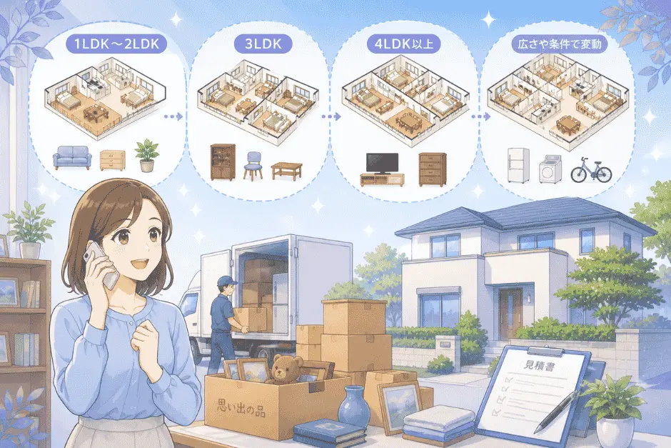 遺品整理の費用や一軒家の相場について間取り別の具体的な金額目安を紹介している画像