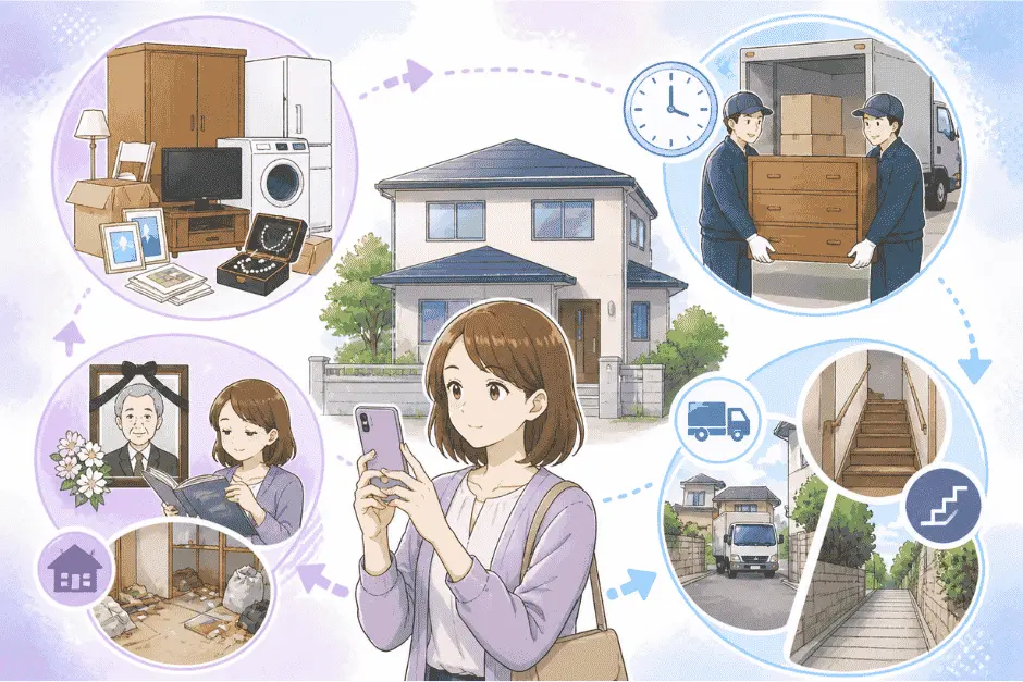 遺品整理の費用や一軒家の相場が物量や人員や搬出条件によって変動する要因を解説している画像