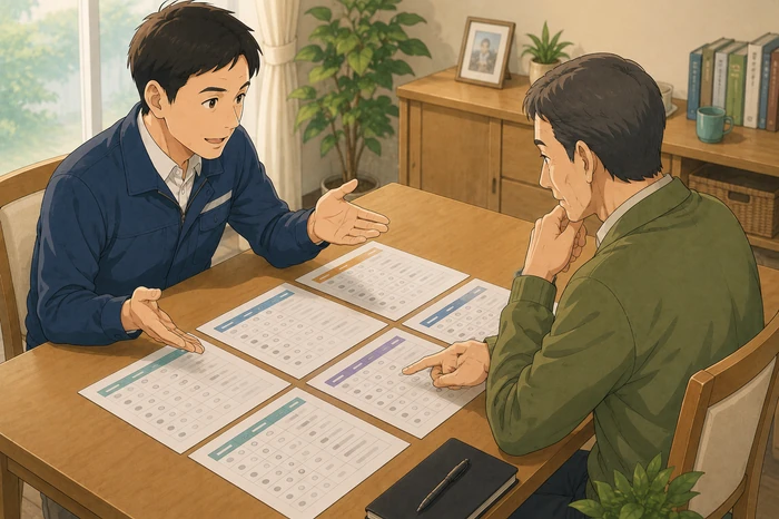 テーブルで家族が業者から受け取った見積もりの内訳を確認して比較している遺品整理 2LDK 相場の注意点画像