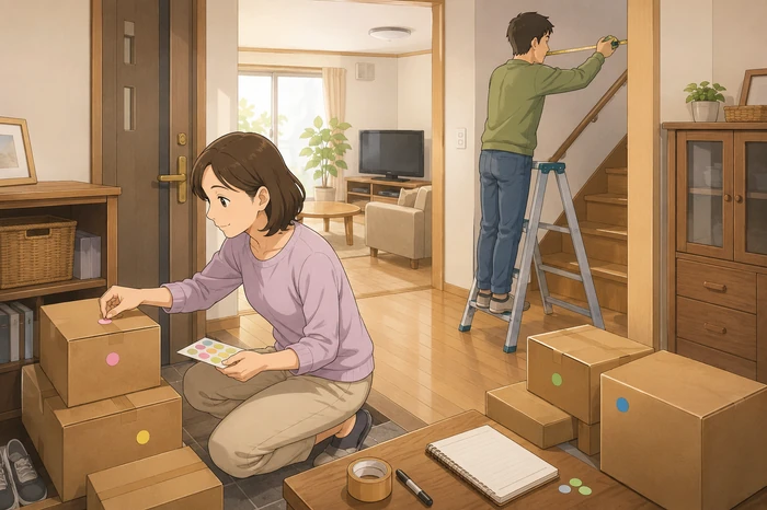部屋の前で家族が箱とメモを使いながら荷物量や搬出しやすさを比べているまとめの確認画像