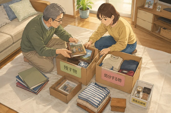 家族が『残す物』と『処分する物』を箱に分けて見積もり前の作業範囲を整理している画像