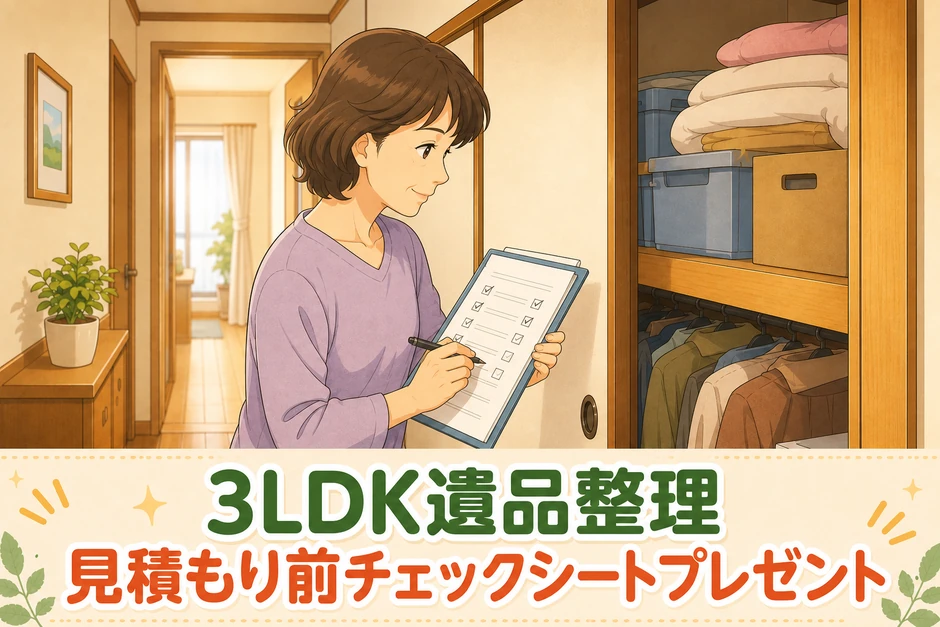 中年の女性がチェックシートを持ちながら押し入れの中やキッチン収納を開けて、残す物と処分する物を項目ごとに確認している画像