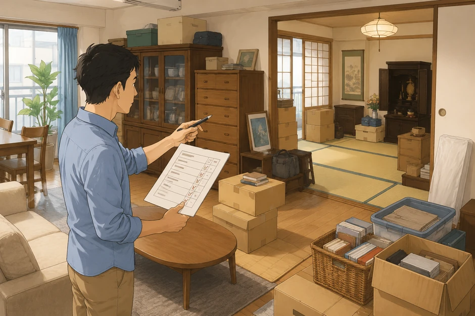 中年の男性が部屋を見渡しながらチェックリストで荷物量や搬出、清掃、供養、買取の有無を確認している画像