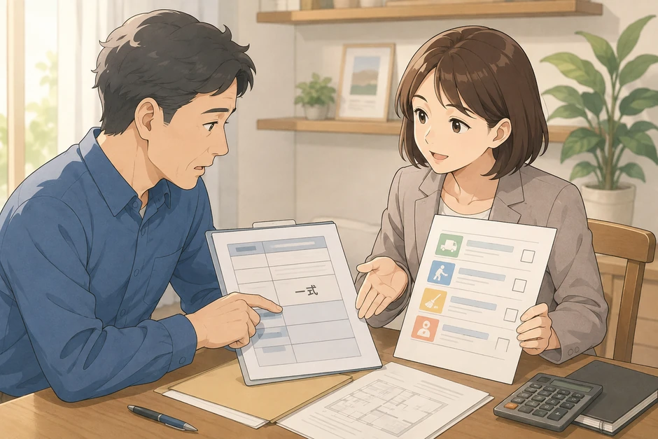 依頼者が見積書の『一式』と書かれた欄を指し、業者に処分費・搬出費・清掃費・人件費の内訳を説明してもらっている画像