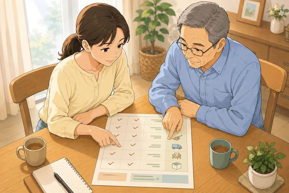 家族がテーブルで見積書を広げ、仕分け・搬出・不用品処分・簡易清掃などどの作業が含まれるかを指差して確認している画像